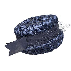 Vintage Bonwit Teller Blue Straw Pillbox Hat Black Ribbon Netting